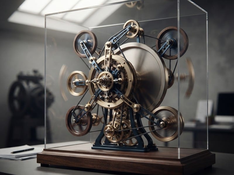 A complex brass and steel kinetic clockwork device enclosed within a clear display case resting on a wooden base on an office desk.